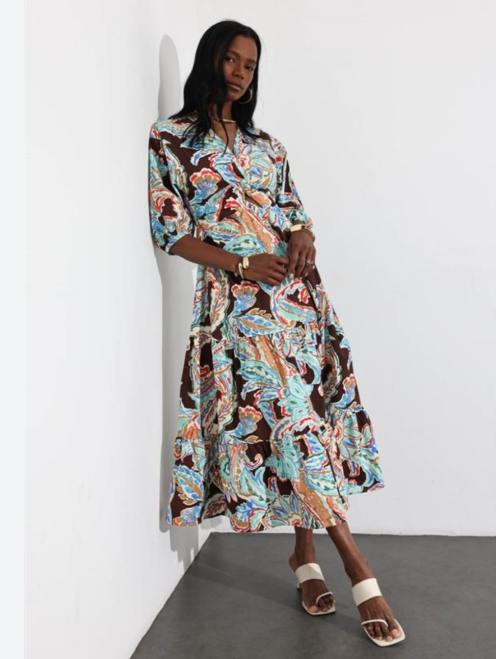 Zara Multicolor Floral Print Cut-Out Flounced Puff Sleeve Poplin Dress Size LG - Picture 6 of 14